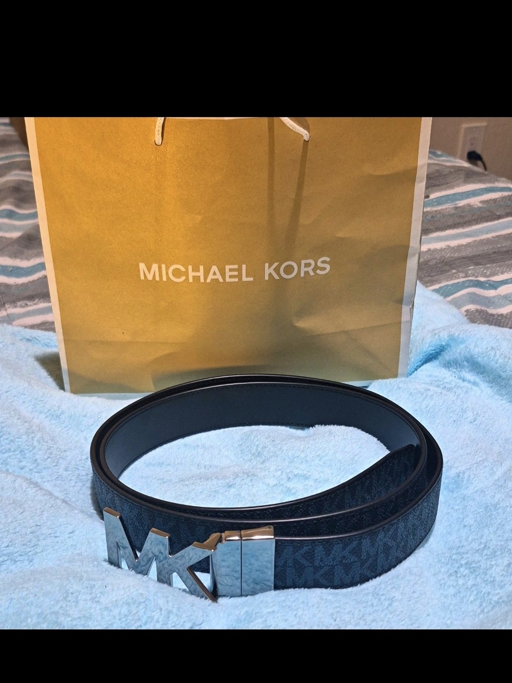 Michael Kors Black MK Logo Men’s Belt with Silver Buckle
